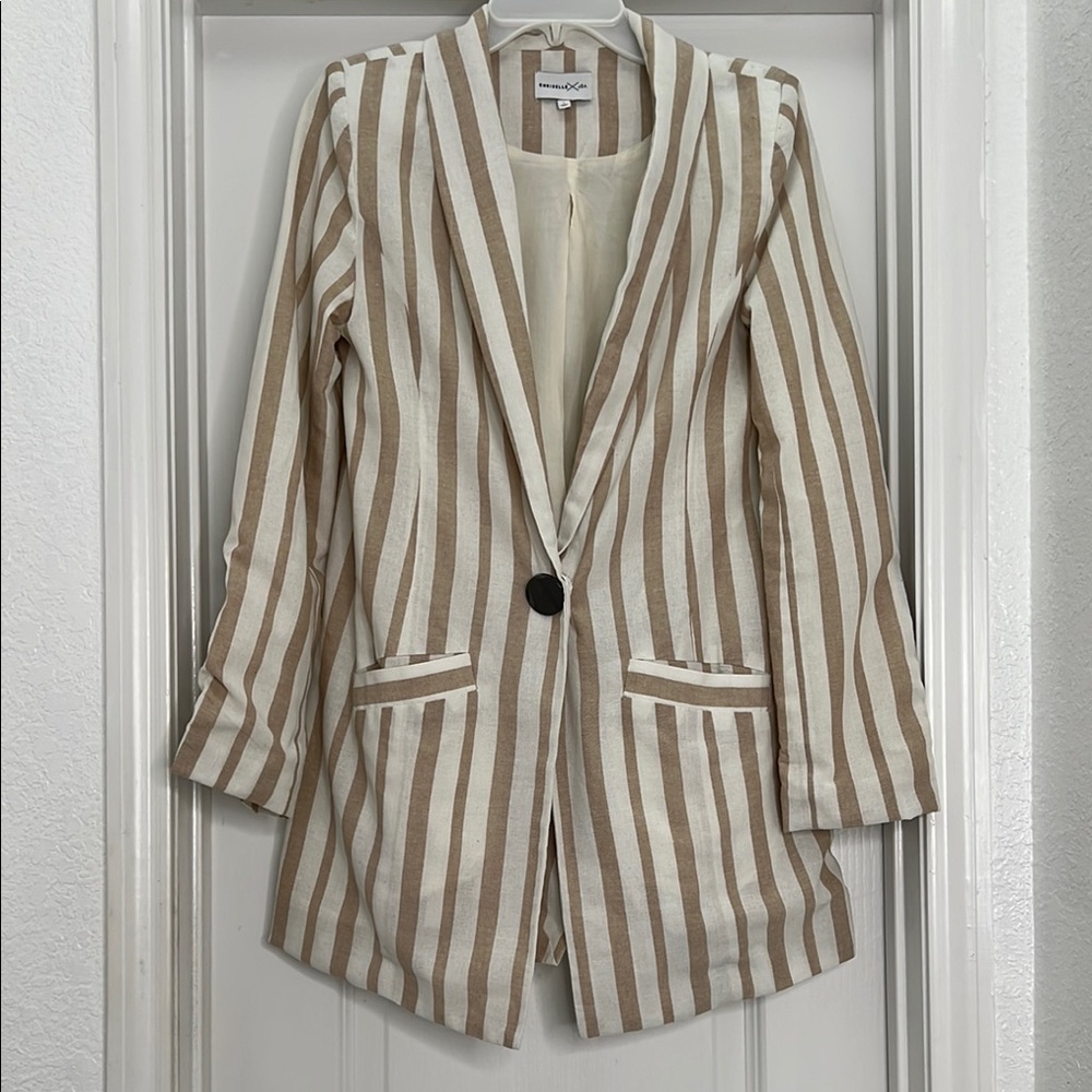 Chriselle x J.O.A. Beige & White Striped Linen Blazer – Size S